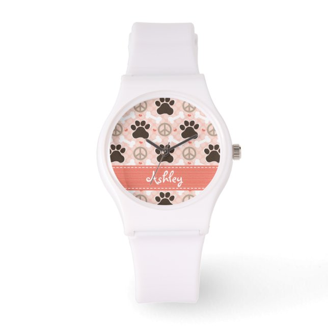 Gepersonaliseerde Peace Love Dogs Pawprint Horloge (Voorkant)