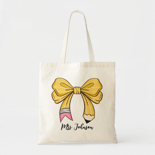 Gepersonaliseerde Pencil Coquette Bow Teacher Tote Bag (Voorkant)