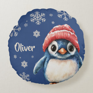 Gepersonaliseerde Penguin Kerstmis Snowflake Rond Kussen