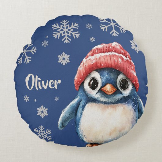 Gepersonaliseerde Penguin Kerstmis Snowflake Rond Kussen (Voorkant)