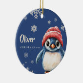 Gepersonaliseerde Penguin Kerstversiering Sneeuwvl Keramisch Ornament (Rechts)