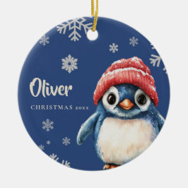Gepersonaliseerde Penguin Kerstversiering Sneeuwvl Keramisch Ornament