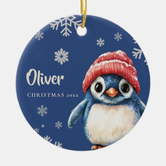 Gepersonaliseerde Penguin Kerstversiering Sneeuwvl Keramisch Ornament (Voorkant)