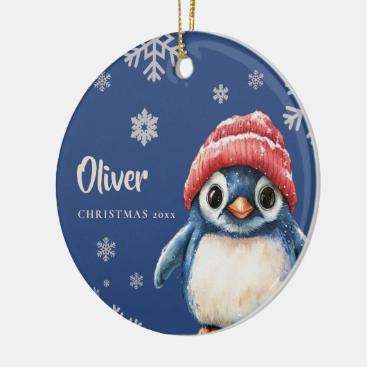 Gepersonaliseerde Penguin Kerstversiering Sneeuwvl Keramisch Ornament (Links)