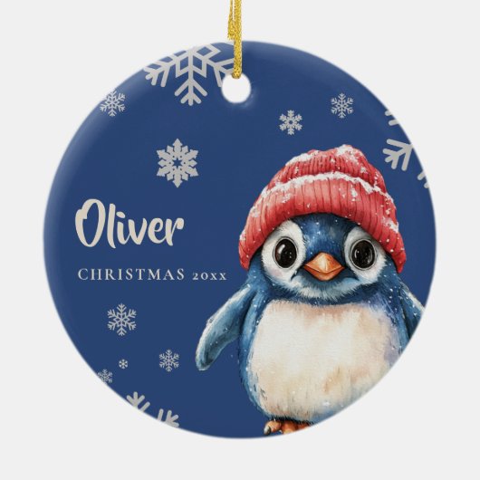 Gepersonaliseerde Penguin Kerstversiering Sneeuwvl Keramisch Ornament (Achterkant)