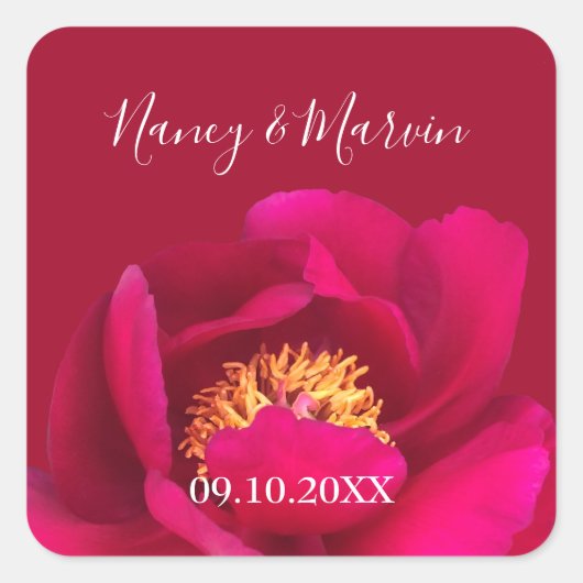 Gepersonaliseerde Peony Roos Ruby Red 40ste Jubile Vierkante Sticker (Voorkant)