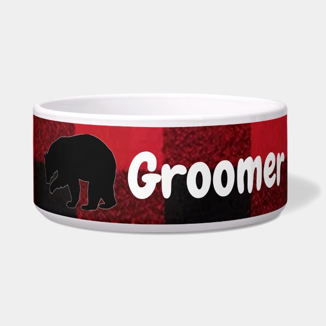 Gepersonaliseerde Pet Bowls Red Buffalo Plaid Beer Voerbakje (Voorkant)
