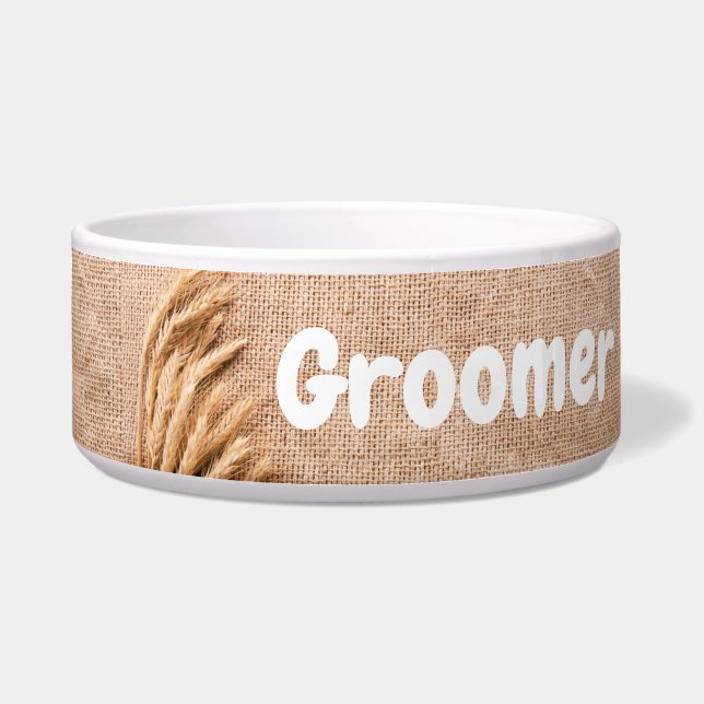 Gepersonaliseerde Pet Bowls Tarwe op Burlap Sack C Voerbakje (Voorkant)