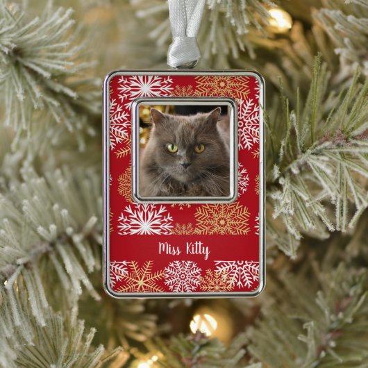 Gepersonaliseerde Pet Cat Dog Red Kerstmis Snowfla Verzilverd Omlijst Ornament (Boom)