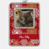 Gepersonaliseerde Pet Cat Dog Red Kerstmis Snowfla Verzilverd Omlijst Ornament (Voorkant)