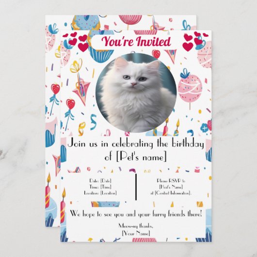 Gepersonaliseerde Pet Cat verjaardagsuitnodiging Kaart (Voorkant / Achterkant)
