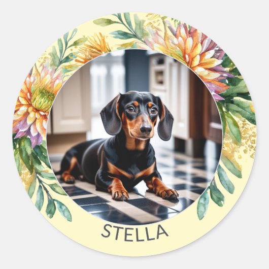 Gepersonaliseerde Pet Dog Foto Dier Bloemen Schatt Ronde Sticker (Voorkant)