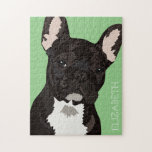 Gepersonaliseerde Pet French Bulldog Legpuzzel<br><div class="desc">Gepersonaliseerde pop kunst franse bulldog puzzle met een schattige zwarte frenchie op een groene achtergrond die kan worden veranderd in elke kleur,  en jouw naam.</div>