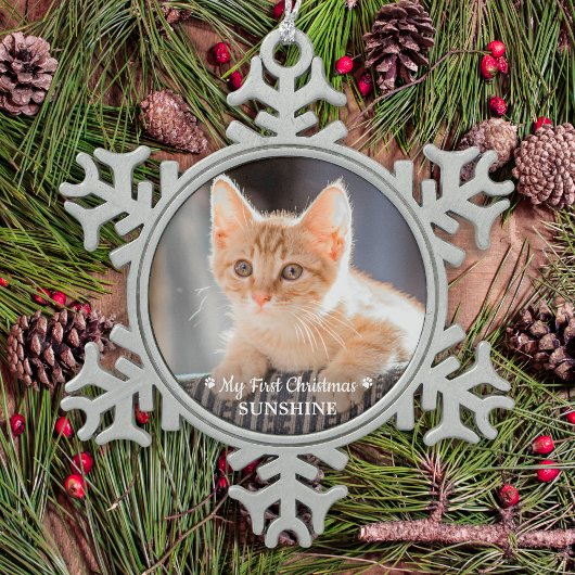 Gepersonaliseerde Pet Kitten Fotokat Eerste Kerstm Tin Sneeuwvlok Ornament