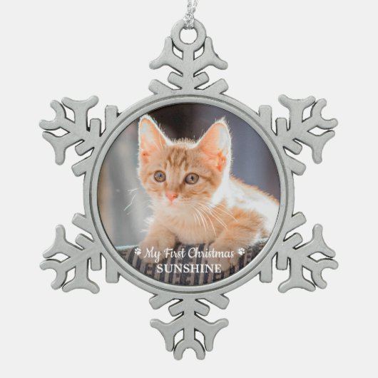 Gepersonaliseerde Pet Kitten Fotokat Eerste Kerstm Tin Sneeuwvlok Ornament (Voorkant)