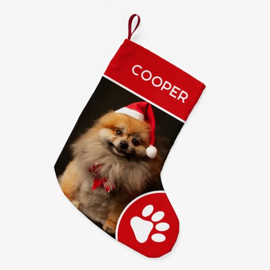 Gepersonaliseerde Pet Naam & Foto rood Kleine Kerstsok (Voorkant (Hangend))