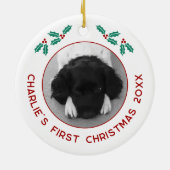 Gepersonaliseerde Pet Puppy Hond Eerste Kerstfoto Keramisch Ornament (Achterkant)