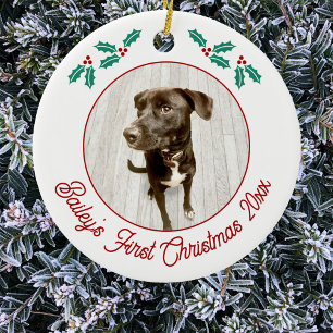 Gepersonaliseerde Pet Puppy Hond Eerste Kerstfoto Keramisch Ornament