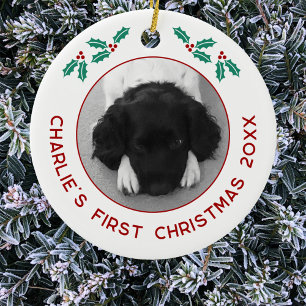 Gepersonaliseerde Pet Puppy Hond Eerste Kerstfoto Keramisch Ornament