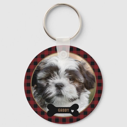 Gepersonaliseerde Pet Red Plaid foto Sleutelhanger (Voorkant)