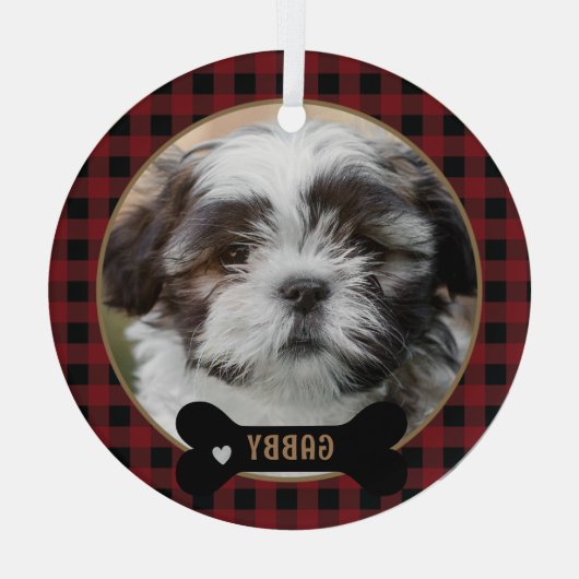 Gepersonaliseerde Pet Red Plaid Kerstmis Glas Ornament (Achterkant)