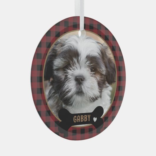 Gepersonaliseerde Pet Red Plaid Kerstmis Glas Ornament (Voorkant Rechts)