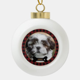 Gepersonaliseerde Pet Red Plaid Kerstmis Keramische Bal Ornament