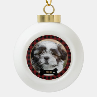 Gepersonaliseerde Pet Red Plaid Kerstmis Keramische Bal Ornament
