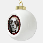 Gepersonaliseerde Pet Red Plaid Kerstmis Keramische Bal Ornament (Rechts)