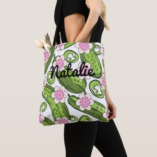 Gepersonaliseerde pickleball en augurk patterned tote bag (Dichtbij)