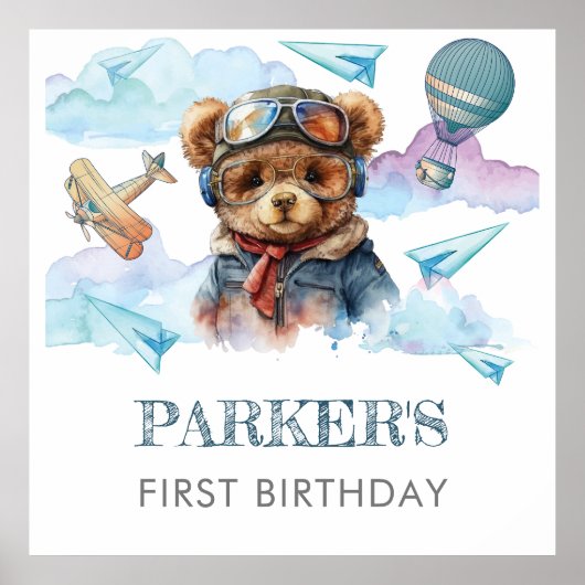 Gepersonaliseerde Pilot Teddy Bear Verjaardagsteke Poster (Voorkant)