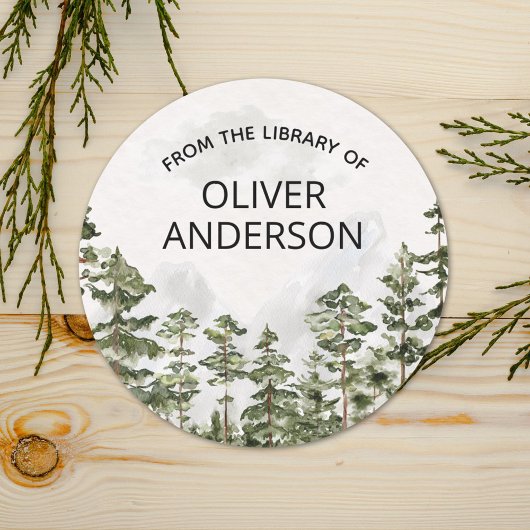 Gepersonaliseerde Pine Forest Waterverf Bookplate Ronde Sticker