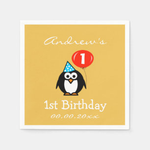Gepersonaliseerde pinguïn 1e Verjaardag feest serv Servetten