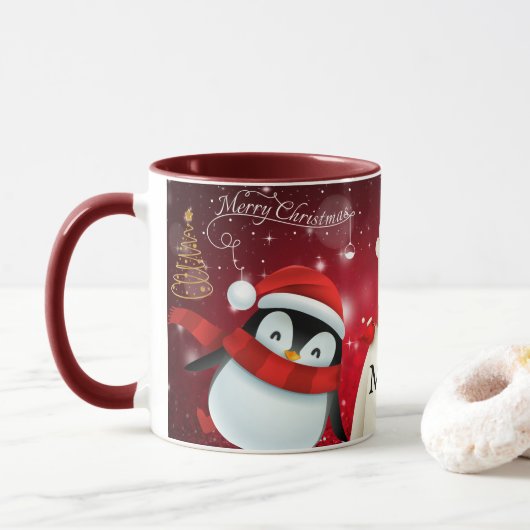 GEPERSONALISEERDE PINGUÏN & BEER VROLIJKE KERSTKOF MOK (Met donut)