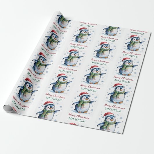 Gepersonaliseerde Pinguïn in Santa Hat Kerstmis Cadeaupapier (Uitgerold)