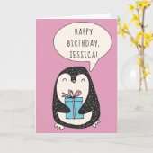 Gepersonaliseerde pinguïn met een verpakt cadeau V Kaart (Gele Bloem)