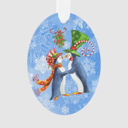 Gepersonaliseerde Pinguïn Paar Onder de Mistletoe Ornament (voorkant)