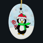 Gepersonaliseerde pinguïn Snowy Day Kerstmis Keramisch Ornament<br><div class="desc">Voeg jouw naam toe aan dit Holiday ornament met handgetekende cartoon schattige pinguïn met sneeuwvlokken op de achtergrond. Achterkant heeft peperkoek mannen,  pinguïns en kerst snoepjes.</div>