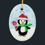 Gepersonaliseerde pinguïn Snowy Day Kerstmis Keramisch Ornament<br><div class="desc">Voeg jouw naam toe aan dit Holiday ornament met handgetekende cartoon schattige pinguïn met sneeuwvlokken op de achtergrond. Achterkant heeft peperkoek mannen,  pinguïns en kerst snoepjes.</div>