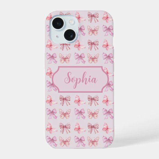 Gepersonaliseerde Pink Bow Coquette stijl iPhone 15 Case (Achterkant)