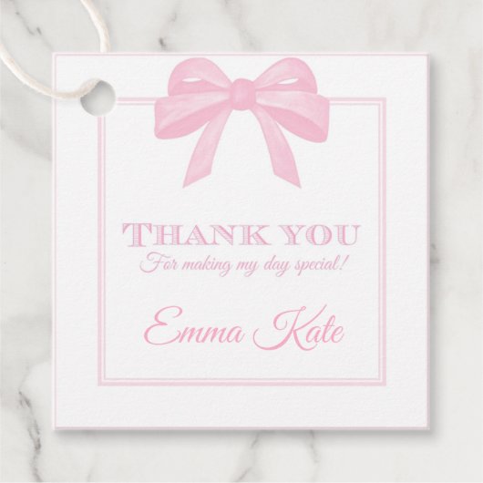 Gepersonaliseerde Pink Bow Party Favoriet Dank u L Bedankjes Labels (Voorkant)