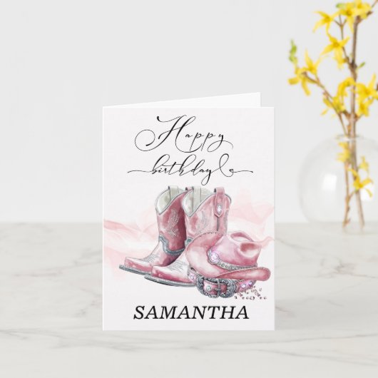 Gepersonaliseerde Pink Cowgirl verjaardagskaart Kaart (Gele Bloem)