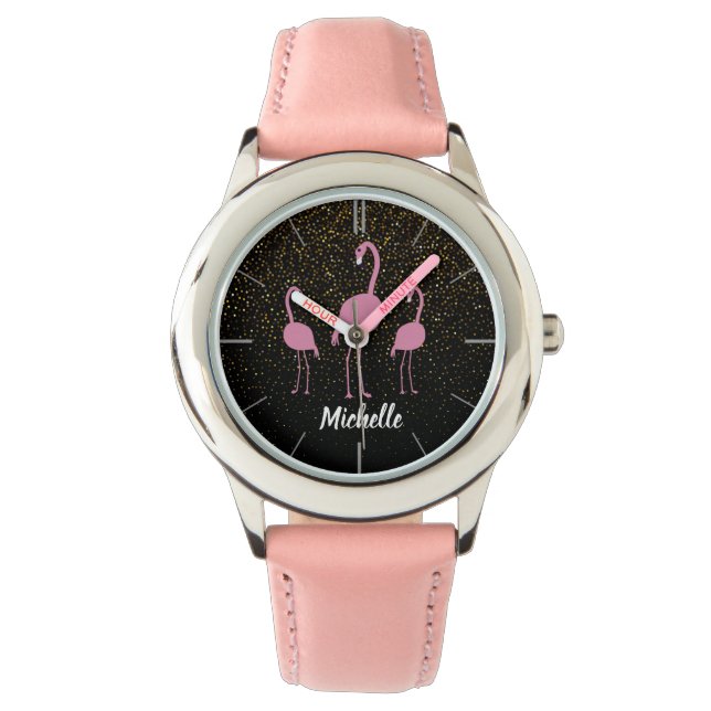 Gepersonaliseerde Pink Flamingo Meisjes Horloge (Voorkant)