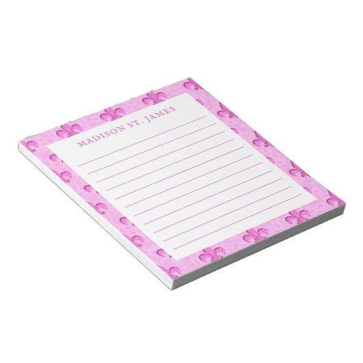 Gepersonaliseerde Pink Fleur De Lis Pattern Lined Notitieblok (Schuin)