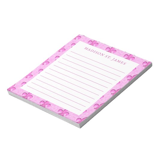 Gepersonaliseerde Pink Fleur De Lis Pattern Lined Notitieblok (Linkerzijde)