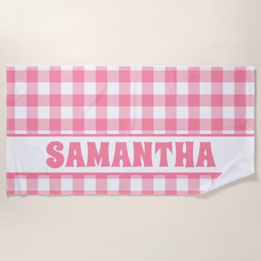 Gepersonaliseerde Pink Gingham Plaid Kinder naam Strandlaken (Voorkant)
