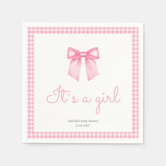 Gepersonaliseerde Pink Girl Waterverf Bow Servet (Voorkant)