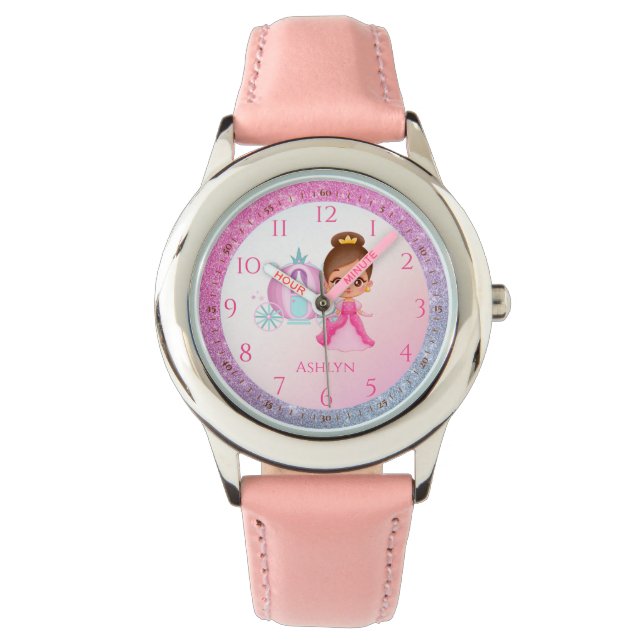 Gepersonaliseerde Pink Glitter Princess Learning Horloge (Voorkant)