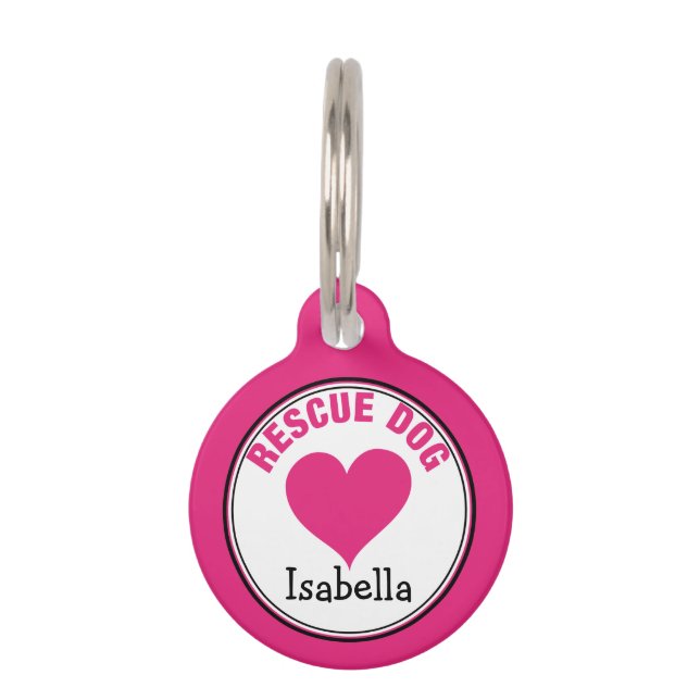 Gepersonaliseerde Pink Heart Rescue Dog ID-Label Huisdierpenning (Voorkant)
