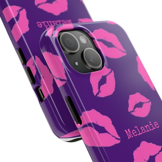 Gepersonaliseerde Pink Kiss Lips op Paarse Case-Mate iPhone Case